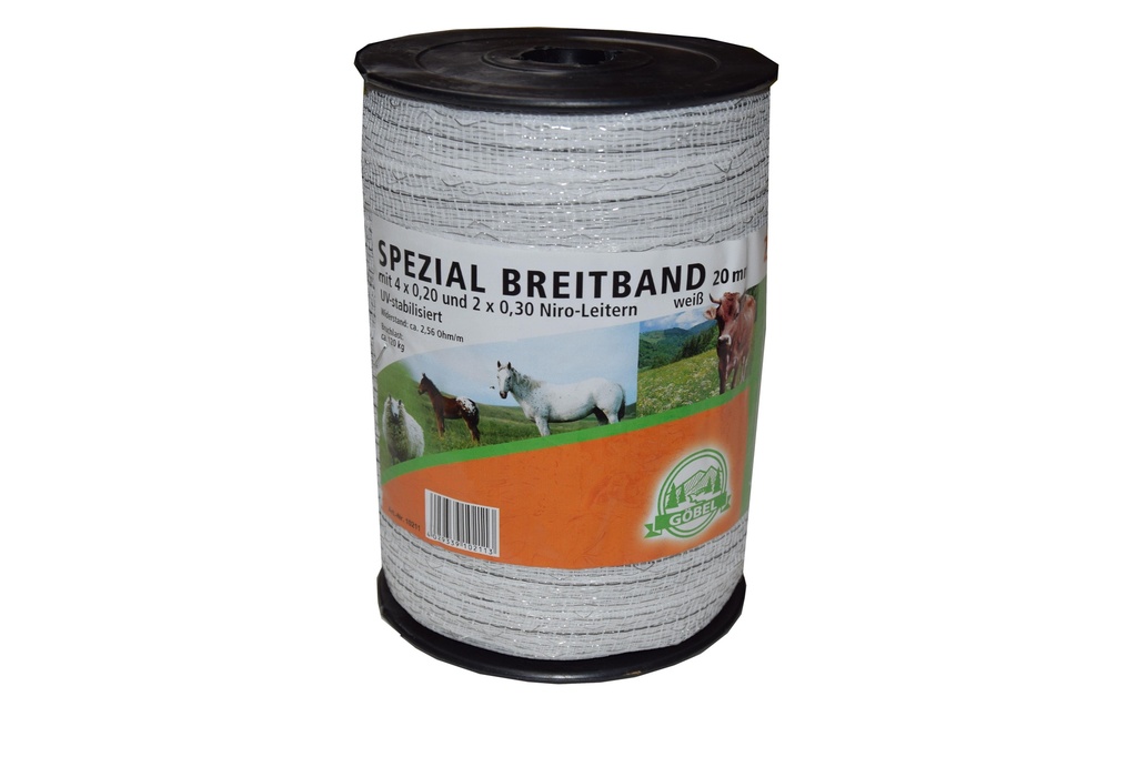 Electric fence tape 'Spezial' 20mmx200m / 4x0.20mm + 2x0.30mm white Göbel